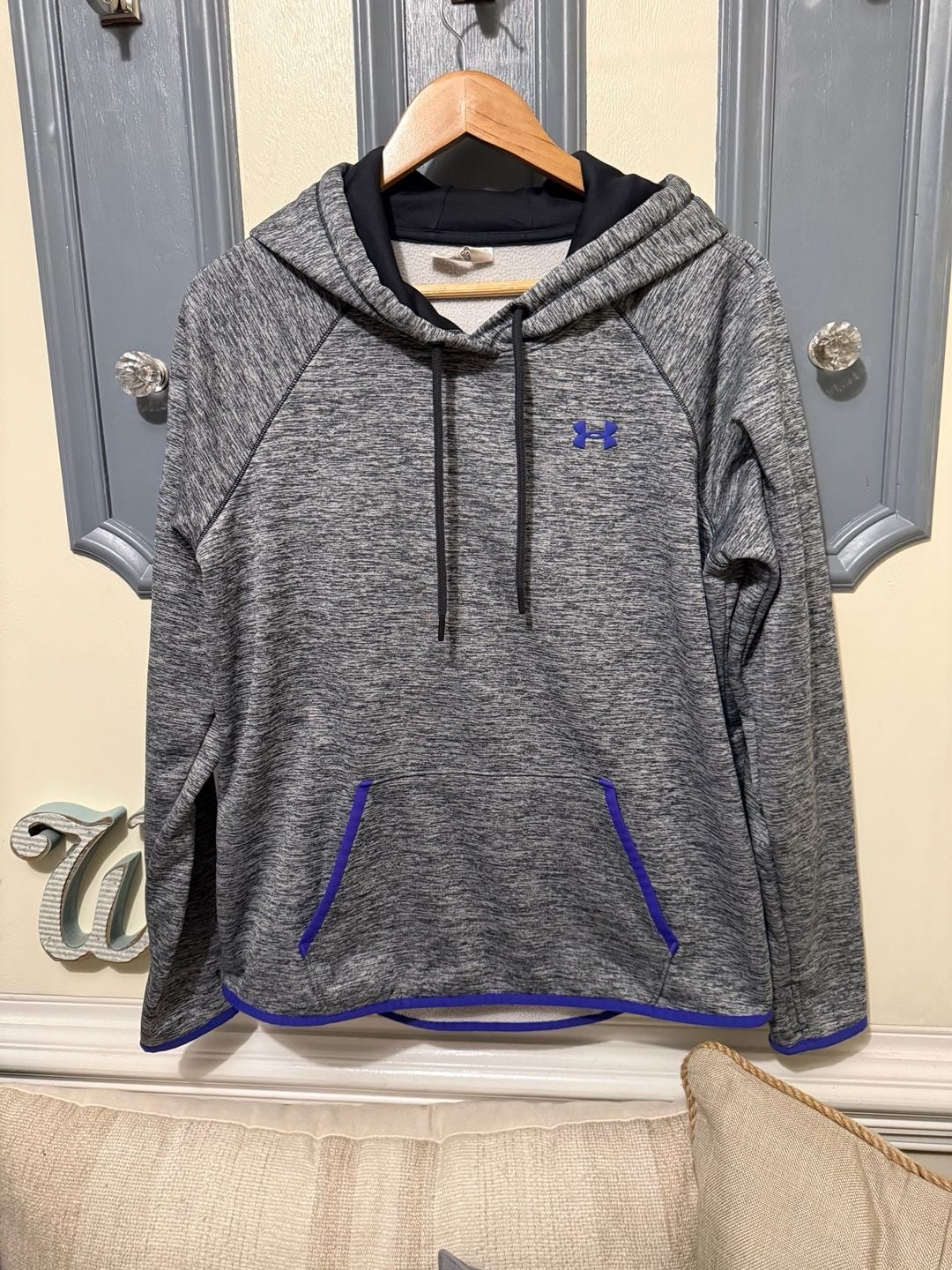 Under Armour ColdGear Hoodie Size LG/G Gray Purple Fleece Pullover 2