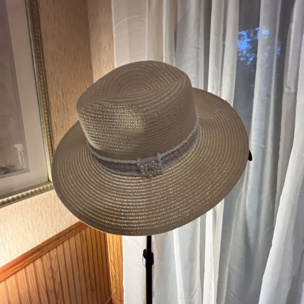 Unbranded Straw Sun Hat Flat Top Panama Beach Hat With Pearl Ribbon
