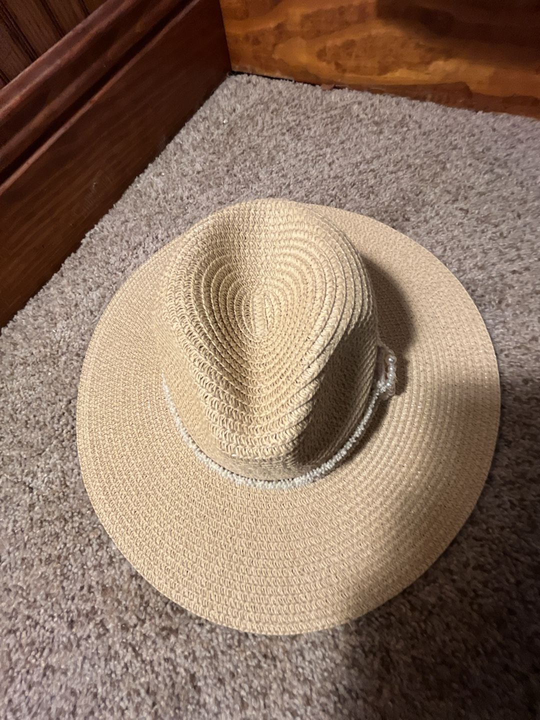 Unbranded Straw Sun Hat Flat Top Panama Beach Hat With Pearl Ribbon 7