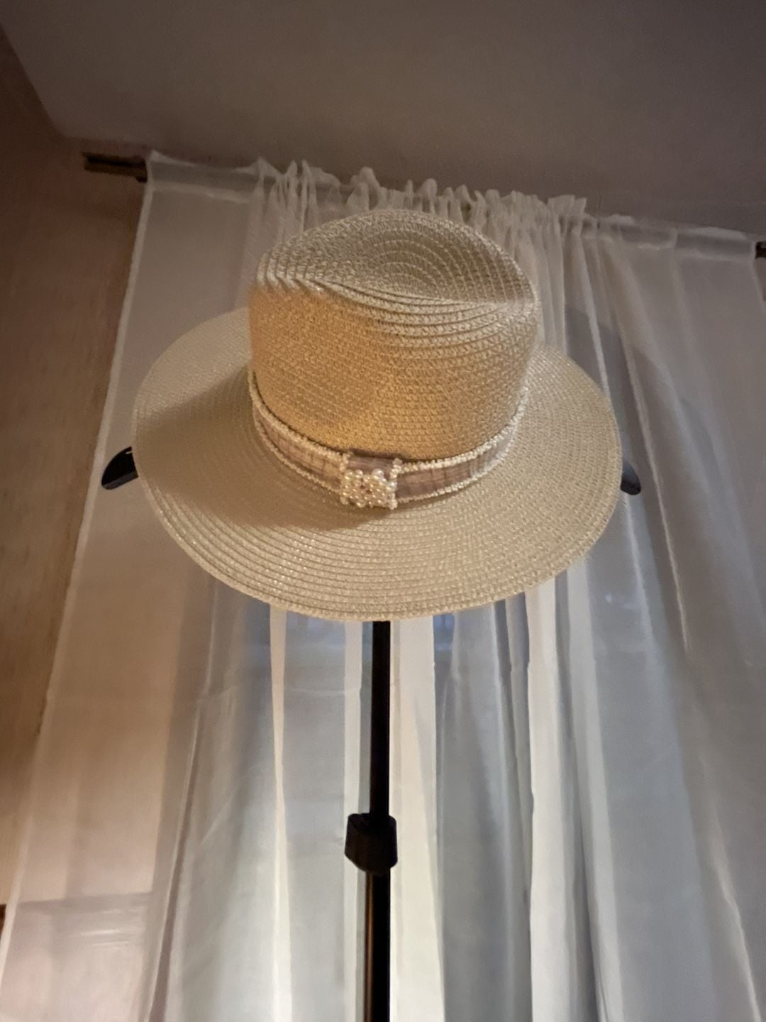 Unbranded Straw Sun Hat Flat Top Panama Beach Hat With Pearl Ribbon 9