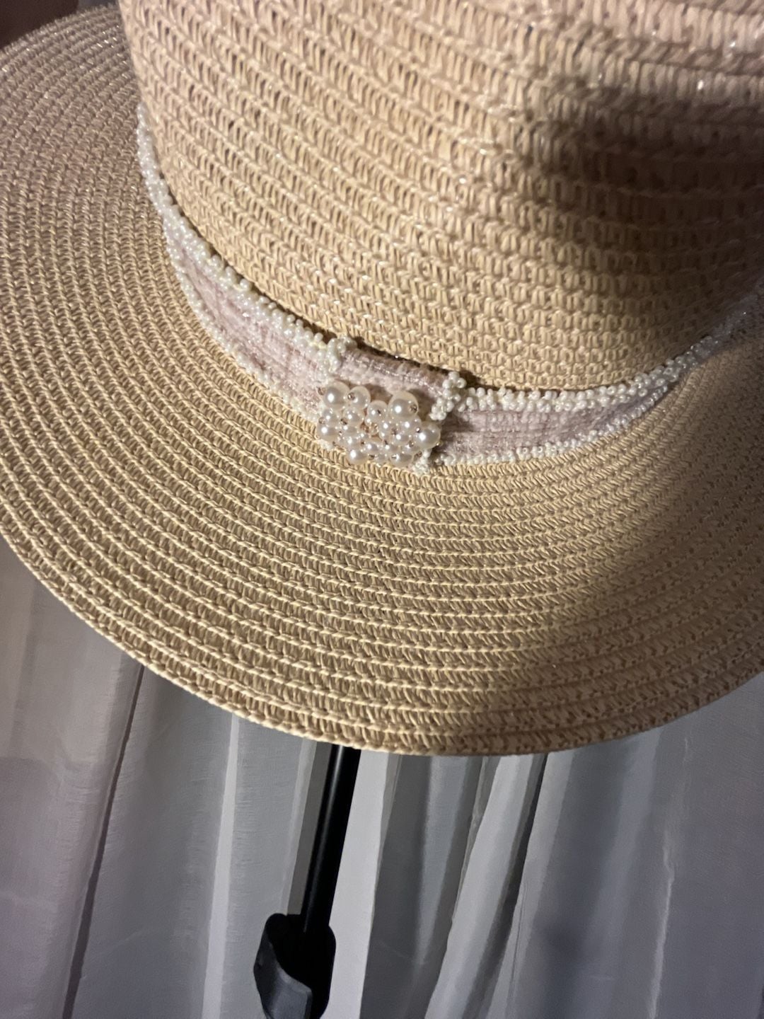 Unbranded Straw Sun Hat Flat Top Panama Beach Hat With Pearl Ribbon 12