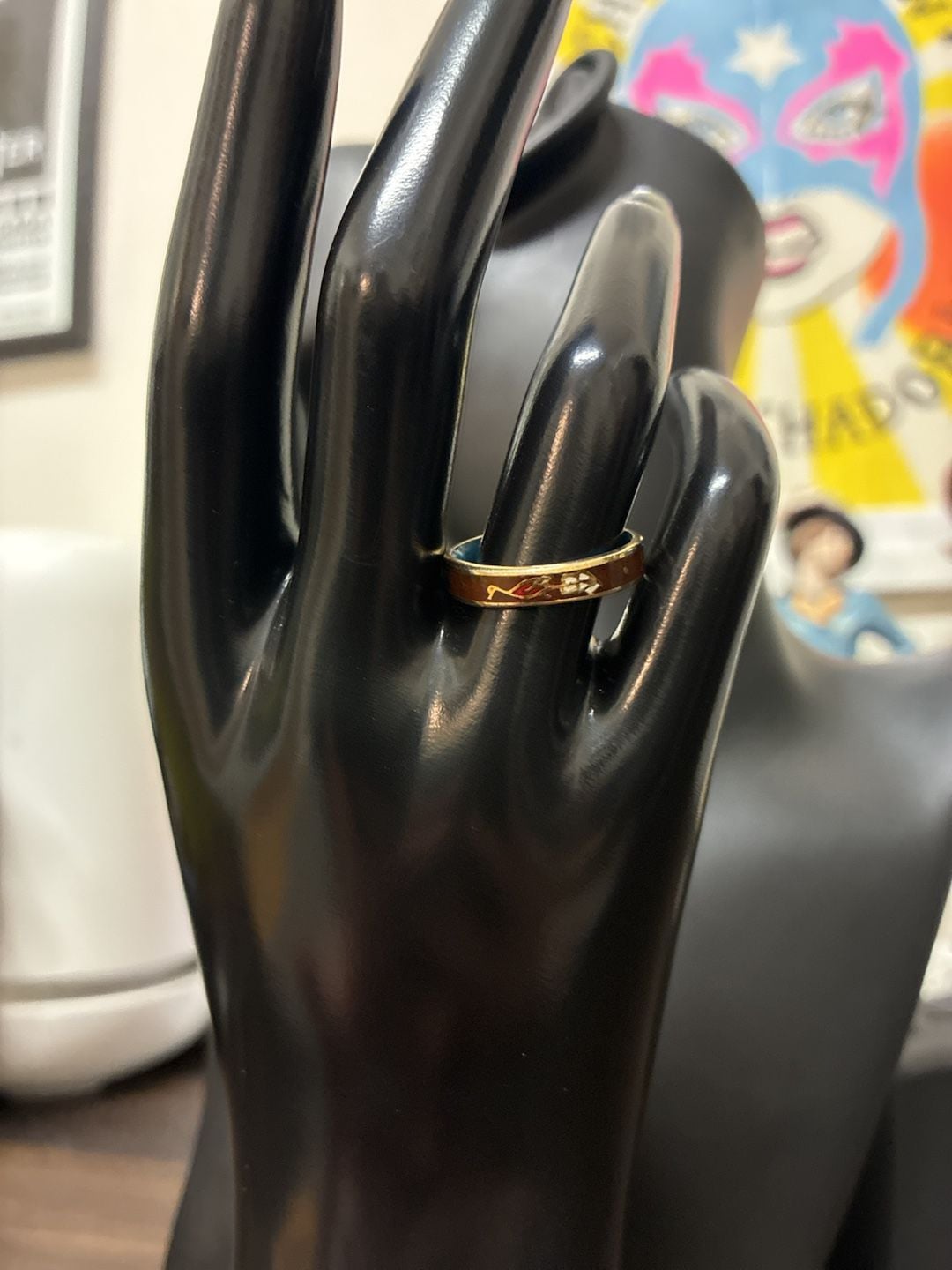 Vintage 1970s Cloisonne Enamel Band Ring Floral Slim Gold Blue 1