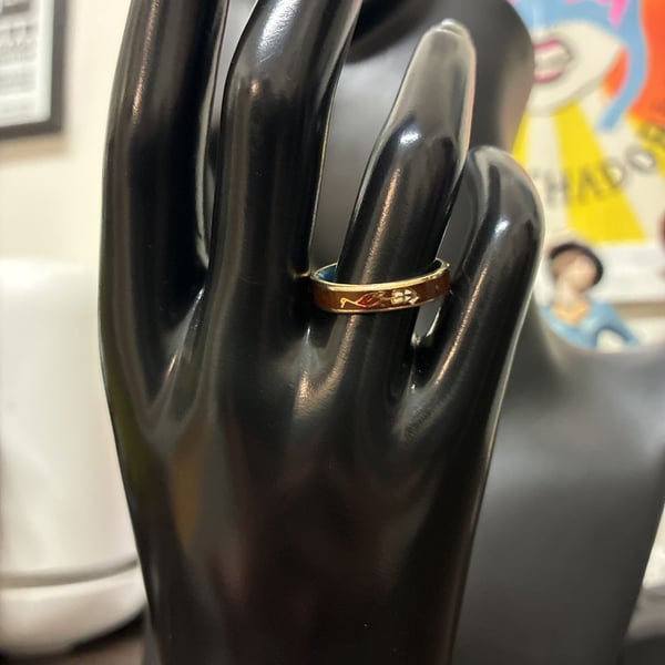 Vintage 1970s Cloisonne Enamel Band Ring Floral Slim Gold Blue
