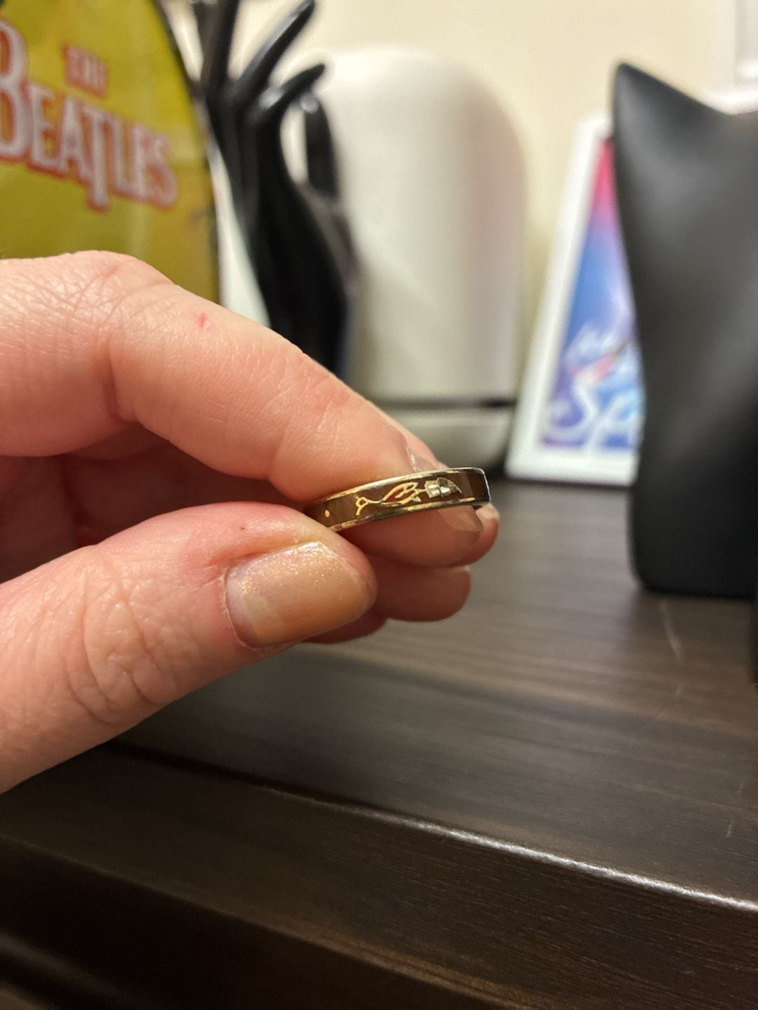 Vintage 1970s Cloisonne Enamel Band Ring Floral Slim Gold Blue 3