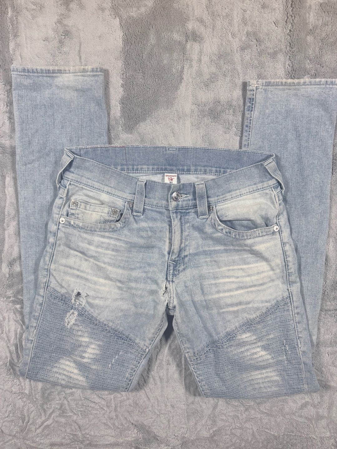True Religion Moto Jeans Size 31 Light Wash Distressed Biker Denim 4