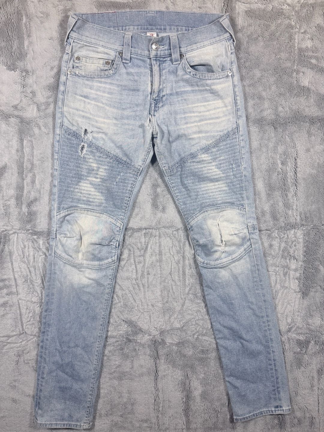 True Religion Moto Jeans Size 31 Light Wash Distressed Biker Denim 2