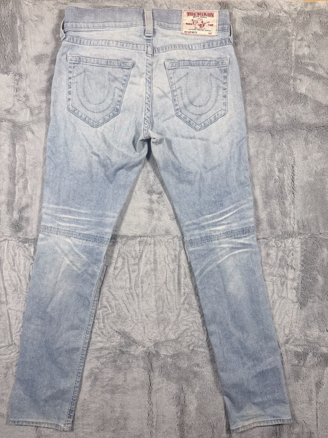 True Religion Moto Jeans Size 31 Light Wash Distressed Biker Denim 14