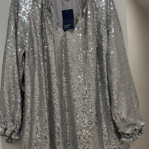 Crown & Ivy Sequin Blouse Size 2X Silver Long Sleeve Top