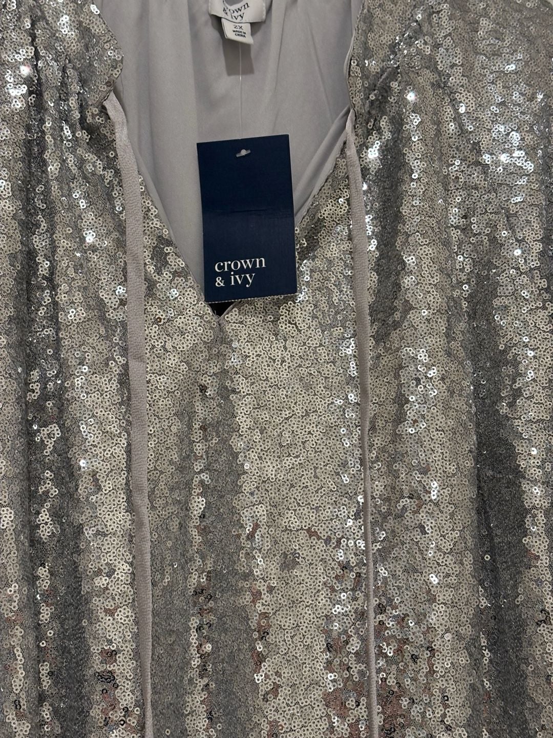 Crown & Ivy Sequin Blouse Size 2X Silver Long Sleeve Top 4