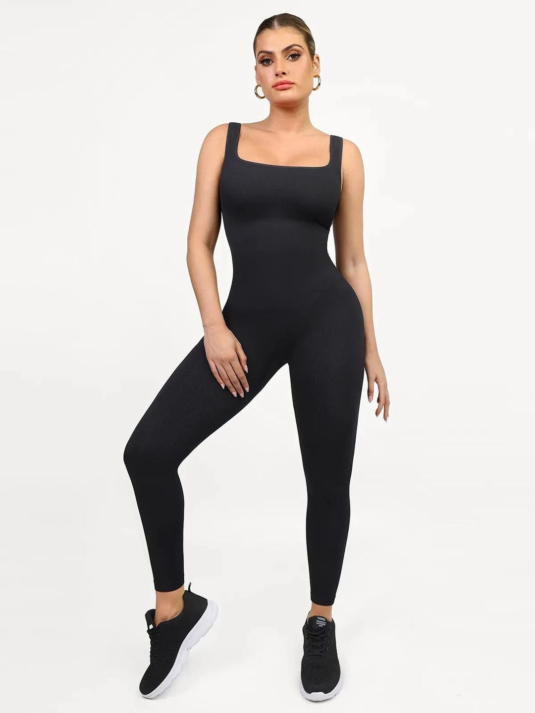 Popilush Shapewear Square Neck Thigh Slimming Workout Jumpsuit Black 2
