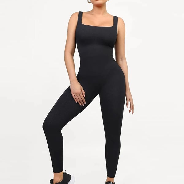 Popilush Shapewear Square Neck Thigh Slimming Workout Jumpsuit Black