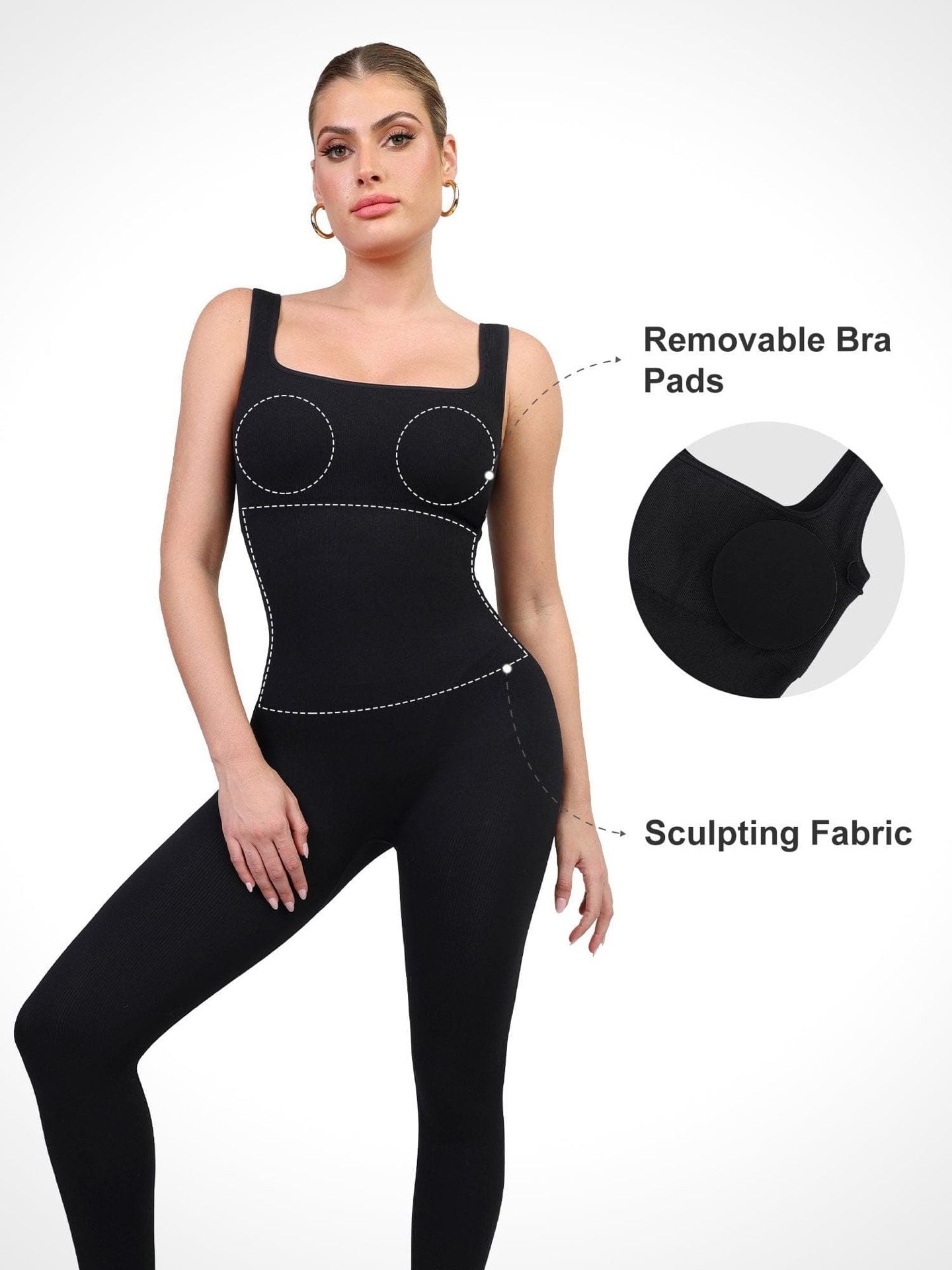 Popilush Shapewear Square Neck Thigh Slimming Workout Jumpsuit Black 3