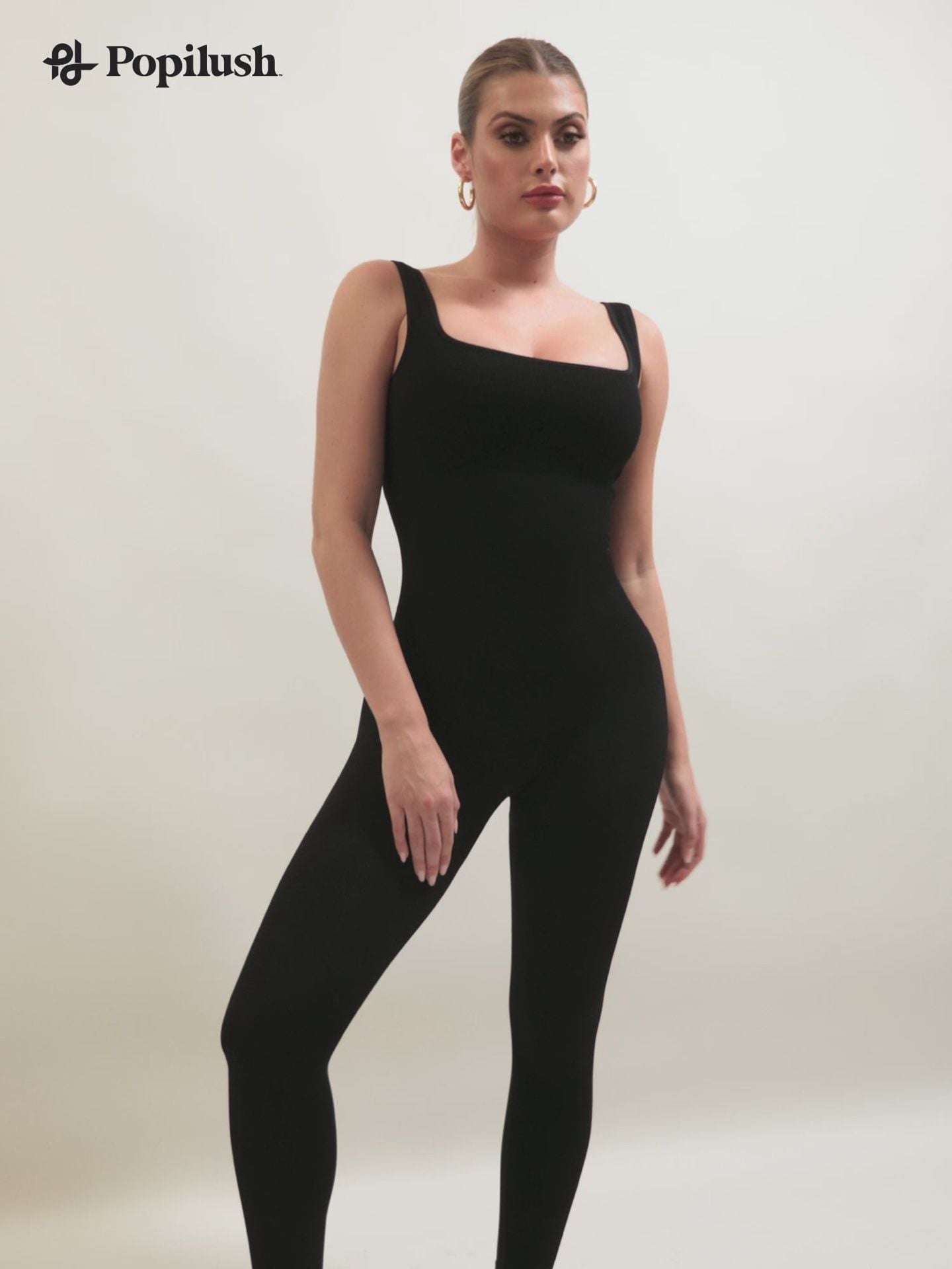 Popilush Shapewear Square Neck Thigh Slimming Workout Jumpsuit Black 9