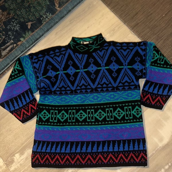 Croquet Club Geometric Mock Neck Sweater Multicolor Vintage 90s Knit