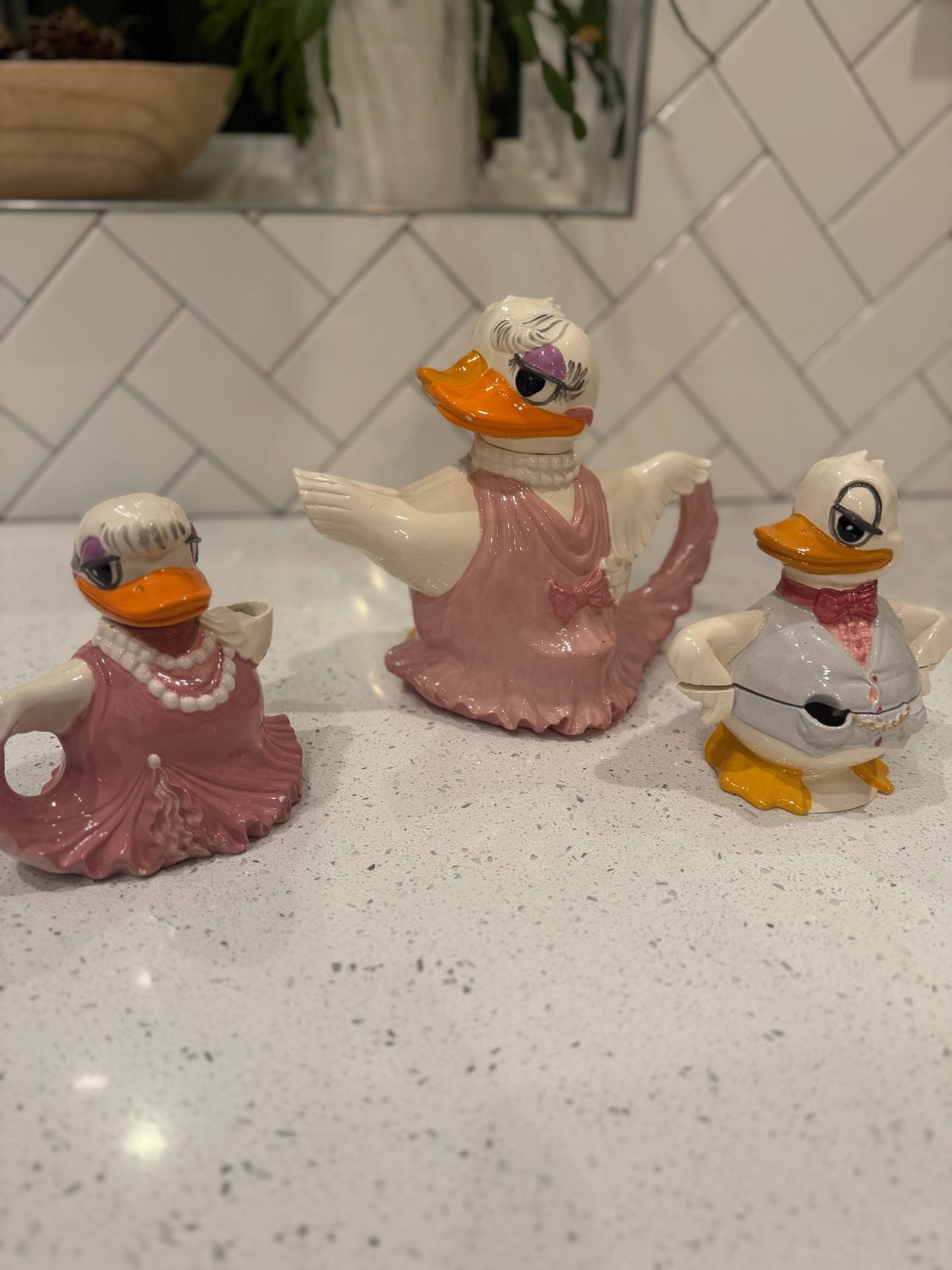 Vintage Ceramic Dancing Duck Teapot Creamer and Sugar Bowl Set 2