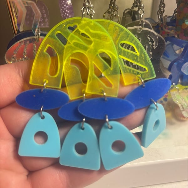 Handmade Acrylic Dangle Earrings Neon Yellow Blue
