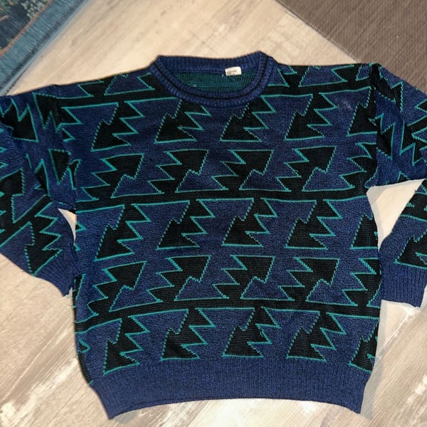 Vintage 90s Geometric Lightning Bolt Graphic Blue Black Knit Sweater