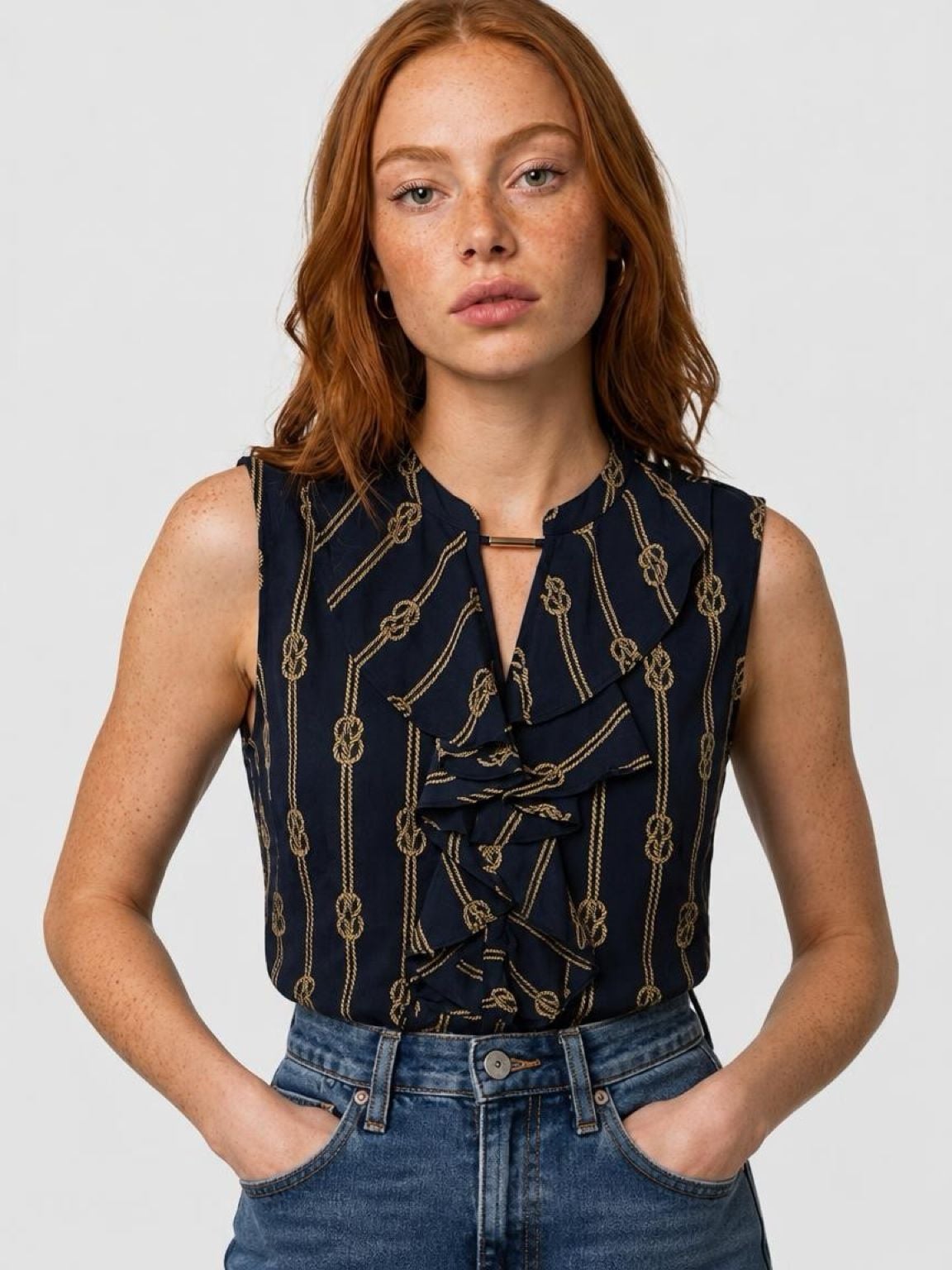 Tommy Hilfiger Sleeveless Blouse Size L Navy Nautical Rope Print Ruffle 2