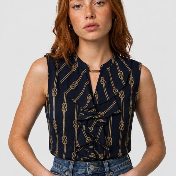 Tommy Hilfiger Sleeveless Blouse Size L Navy Nautical Rope Print Ruffle