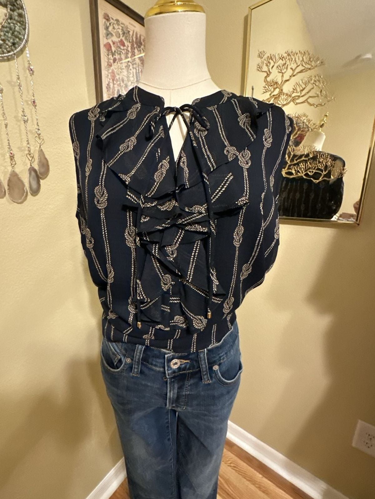 Tommy Hilfiger Sleeveless Blouse Size L Navy Nautical Rope Print Ruffle 10