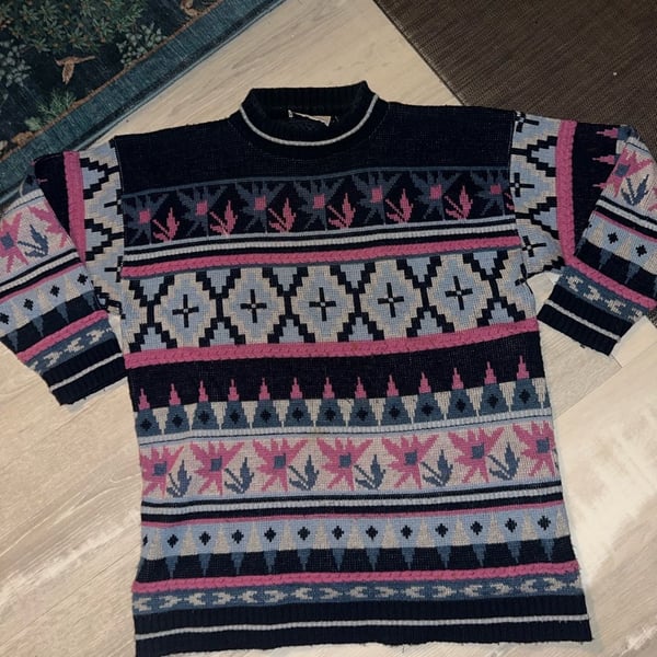 Bay Point Threads Patterned Knit Sweater Multicolor Vintage Crewneck