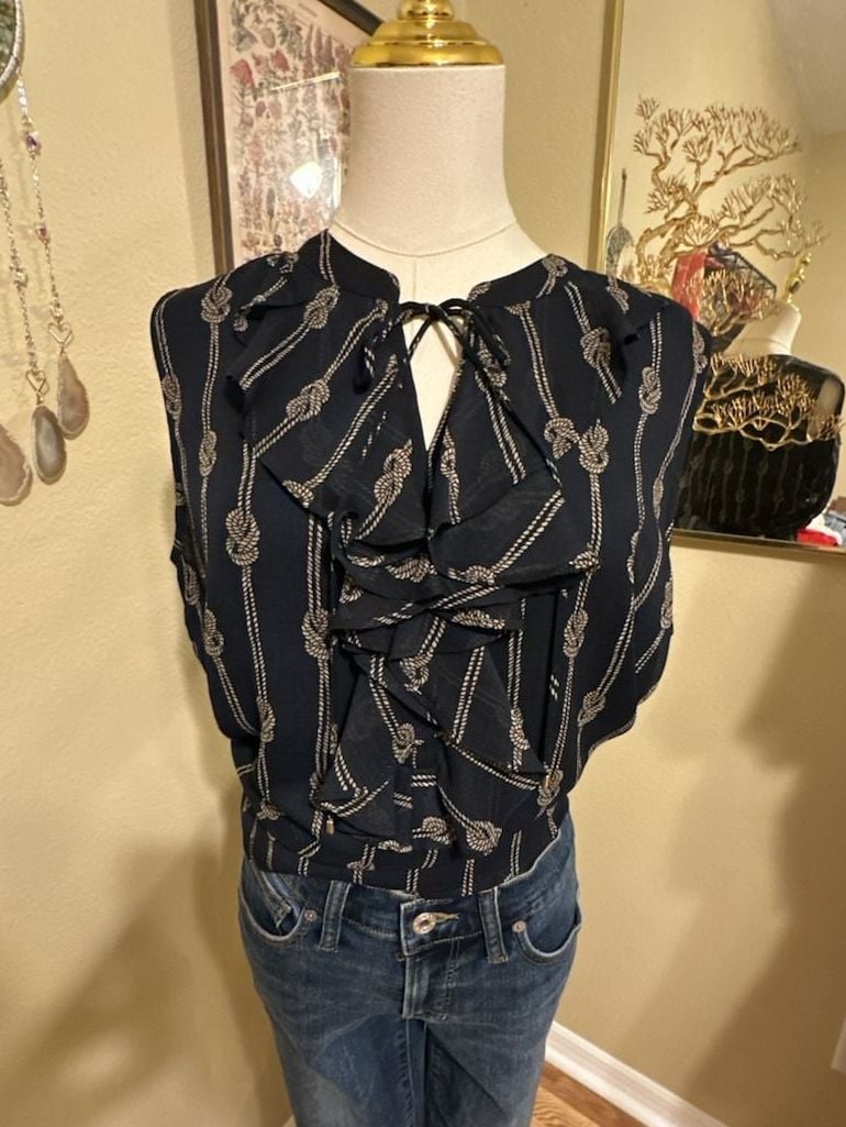 Tommy Hilfiger Sleeveless Blouse Size L Navy Nautical Rope Print Ruffle 4