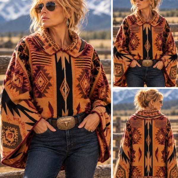 Southwestern Aztec Poncho Women’s Pullover Fold Collar Western Boho Cape