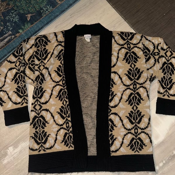 Bedford Fair Open Front Cardigan Sweater Size Medium Black Tan Floral