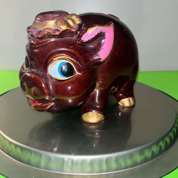 Vintage Japan Ceramic Piggy Bank Brown Pig Blue Eyes Hat Gold Accents redware