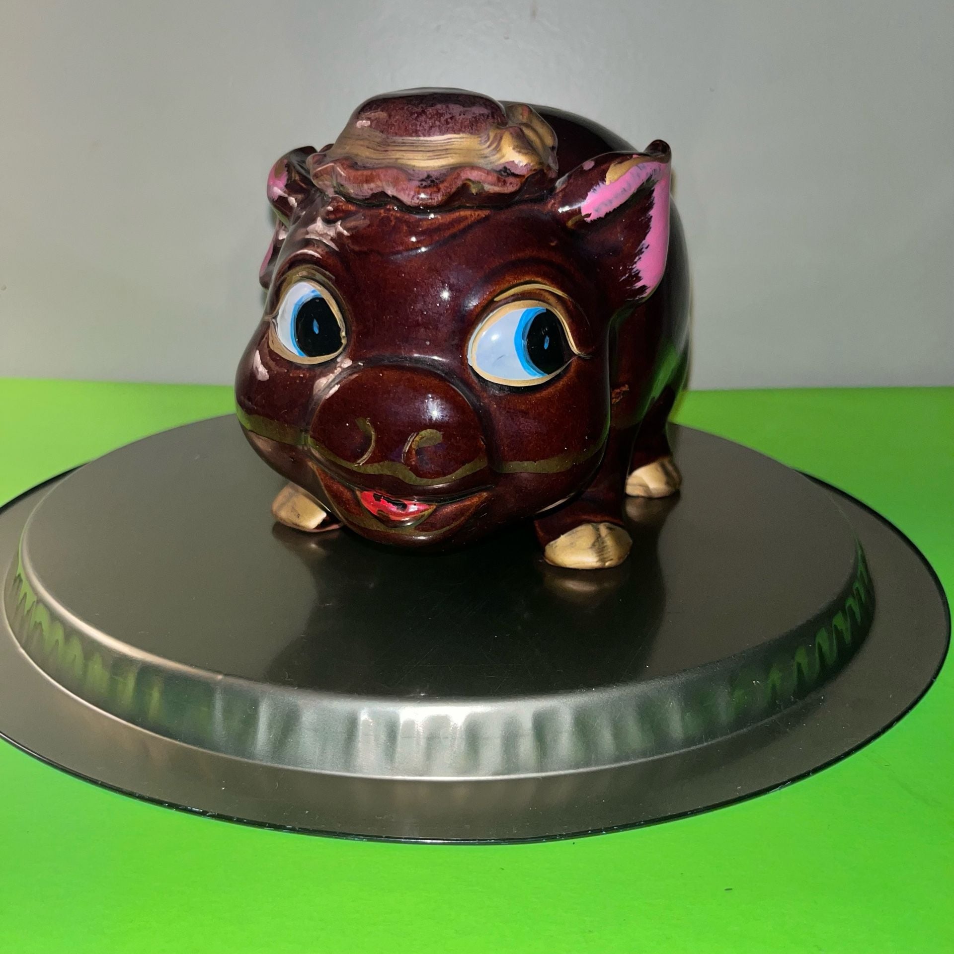 Vintage Japan Ceramic Piggy Bank Brown Pig Blue Eyes Hat Gold Accents redware 2