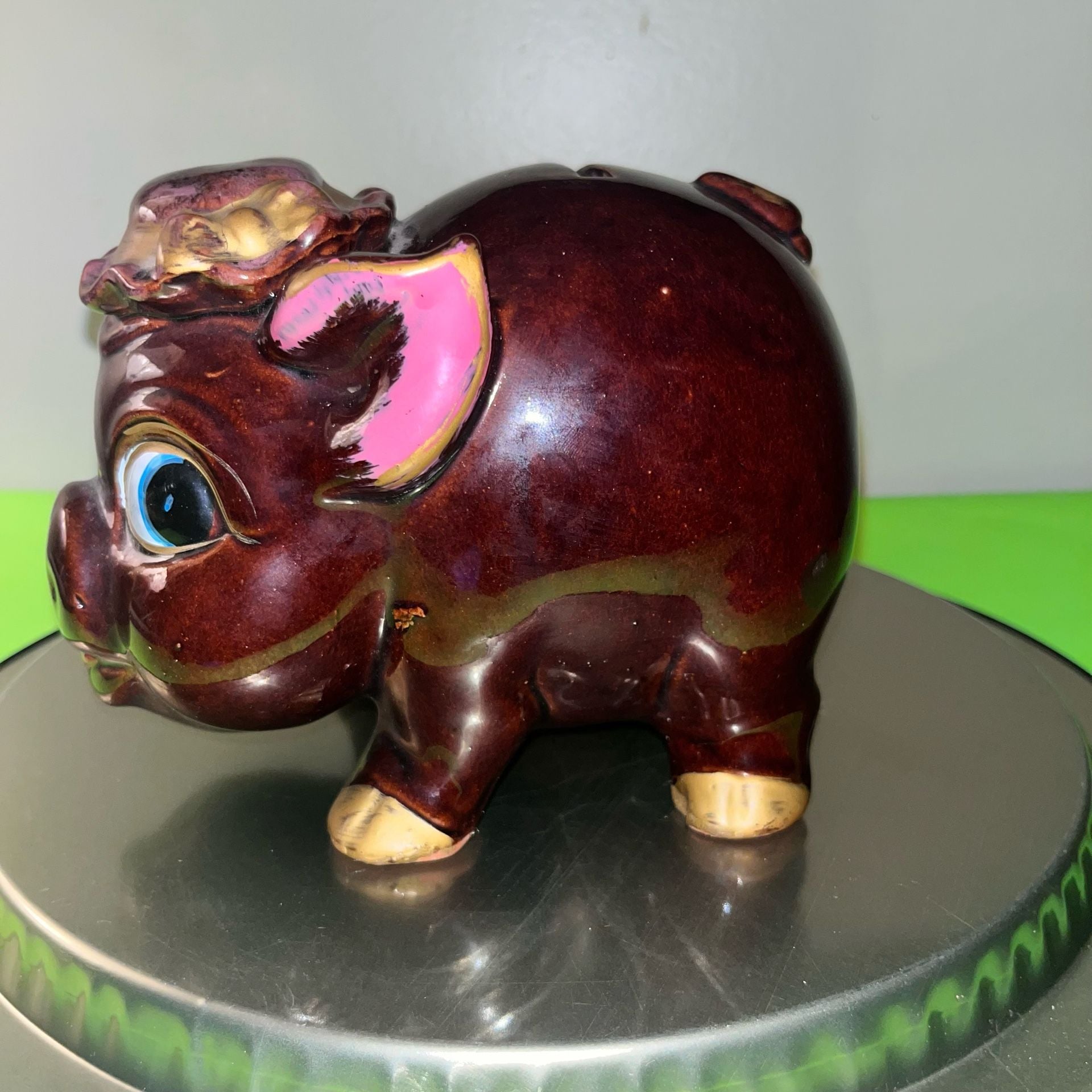 Vintage Japan Ceramic Piggy Bank Brown Pig Blue Eyes Hat Gold Accents redware 3