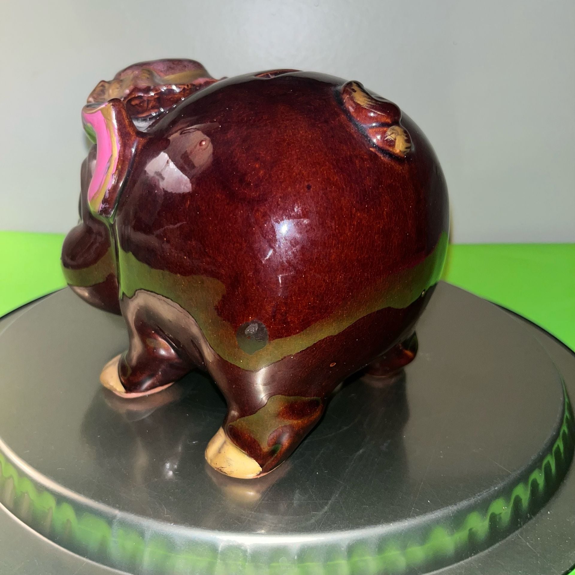 Vintage Japan Ceramic Piggy Bank Brown Pig Blue Eyes Hat Gold Accents redware 4