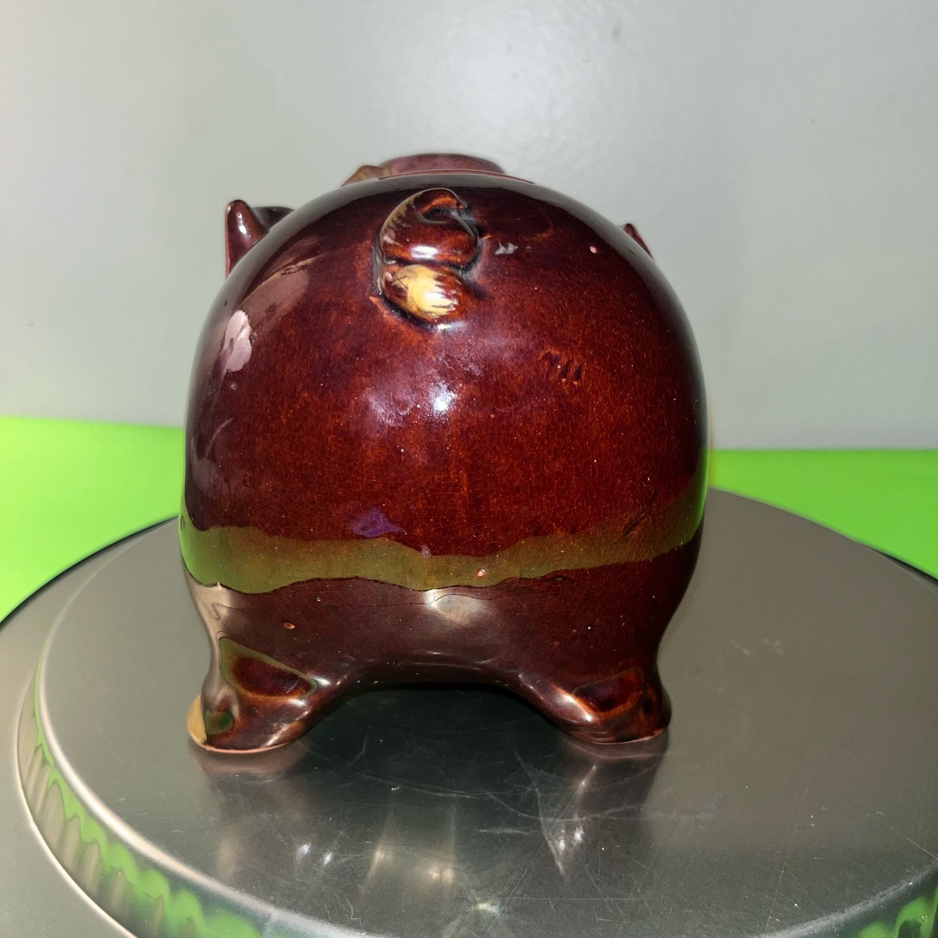 Vintage Japan Ceramic Piggy Bank Brown Pig Blue Eyes Hat Gold Accents redware 5