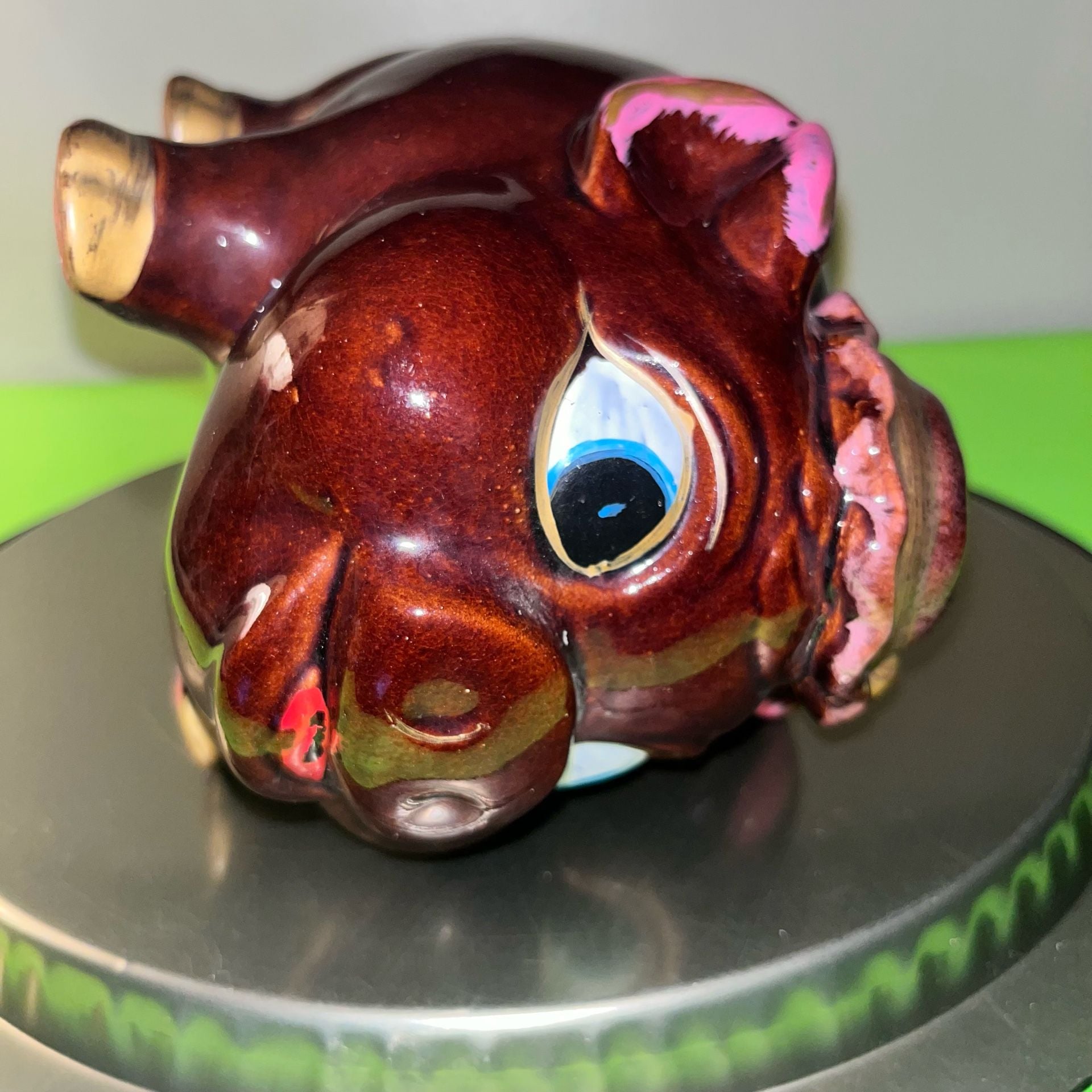Vintage Japan Ceramic Piggy Bank Brown Pig Blue Eyes Hat Gold Accents redware 6