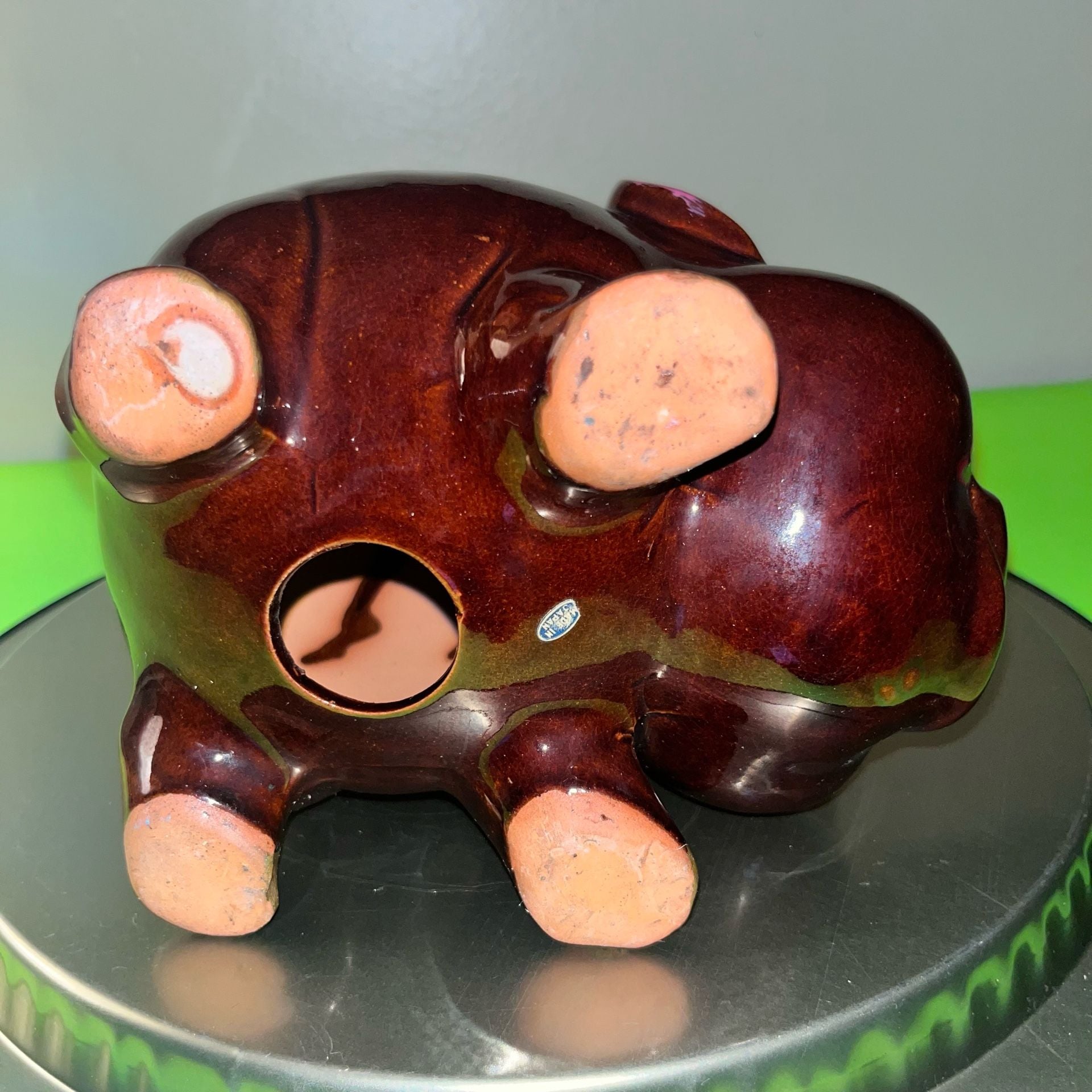 Vintage Japan Ceramic Piggy Bank Brown Pig Blue Eyes Hat Gold Accents redware 7