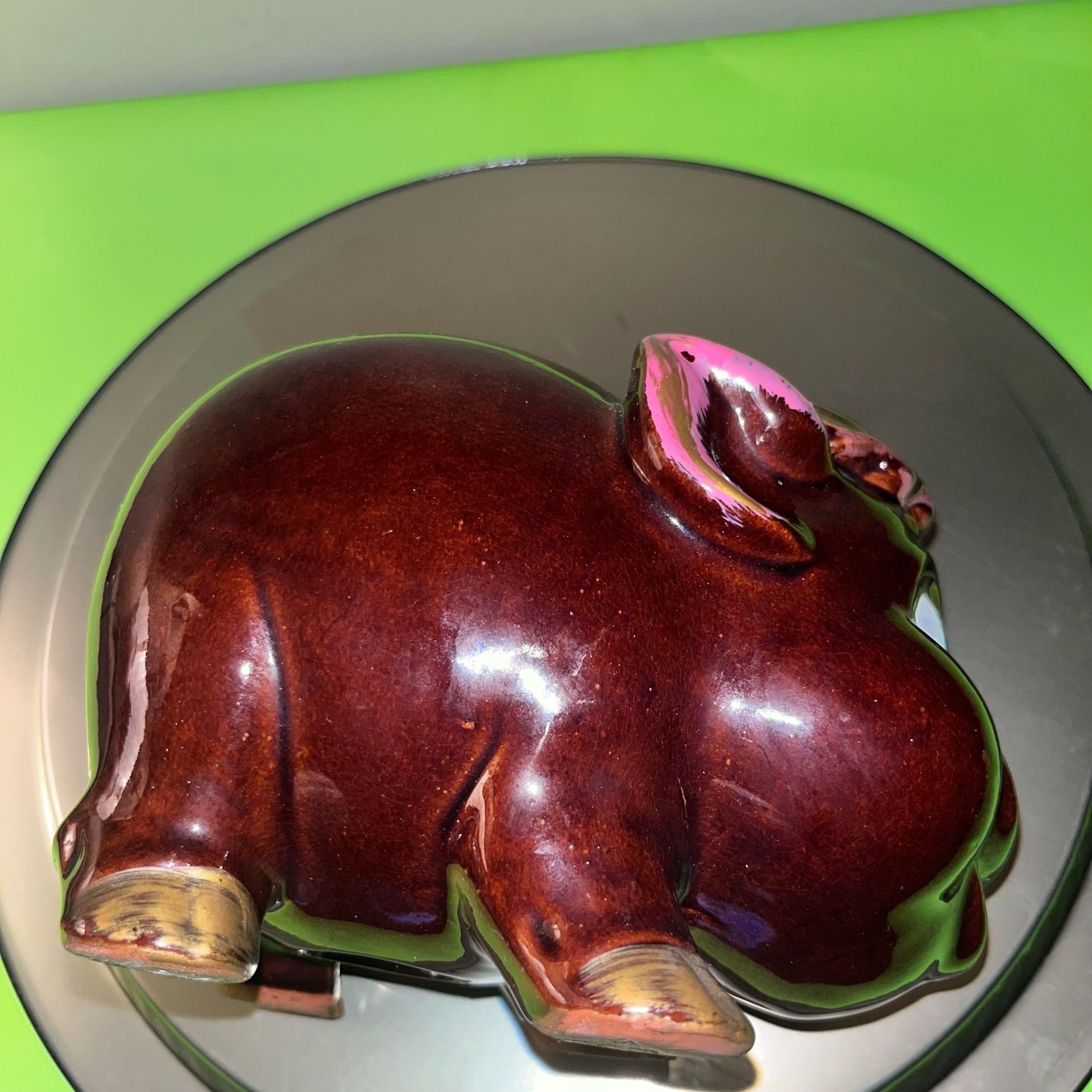 Vintage Japan Ceramic Piggy Bank Brown Pig Blue Eyes Hat Gold Accents redware 8