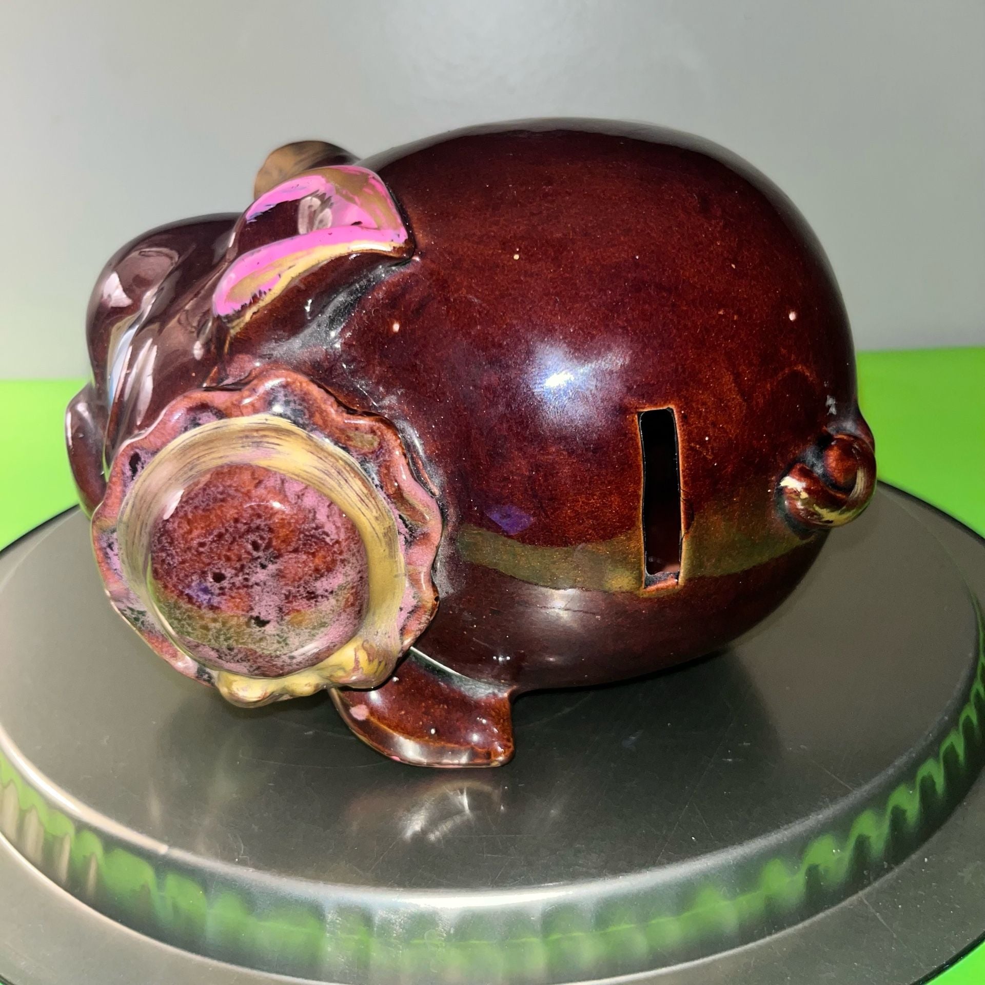 Vintage Japan Ceramic Piggy Bank Brown Pig Blue Eyes Hat Gold Accents redware 9