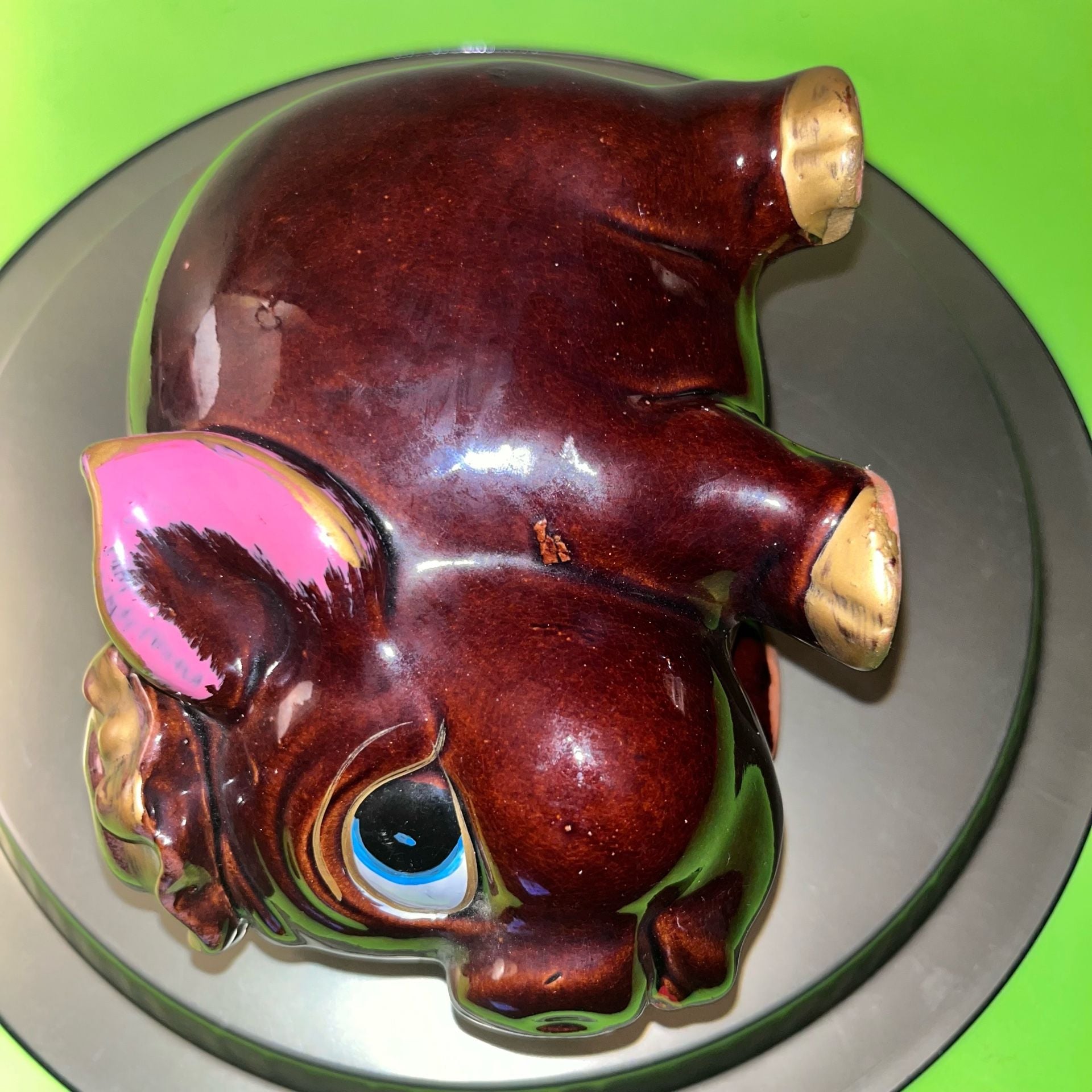 Vintage Japan Ceramic Piggy Bank Brown Pig Blue Eyes Hat Gold Accents redware 10