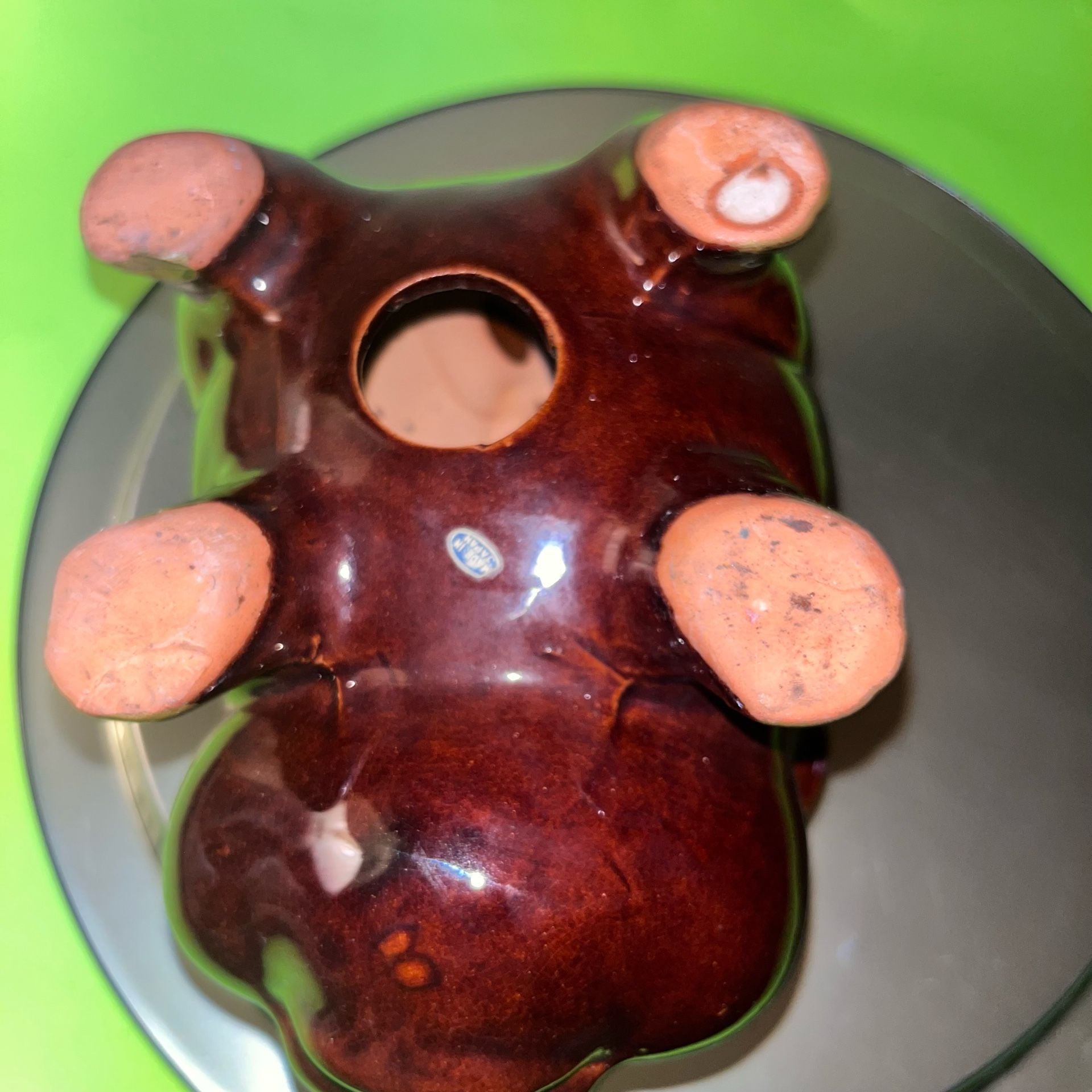 Vintage Japan Ceramic Piggy Bank Brown Pig Blue Eyes Hat Gold Accents redware 11