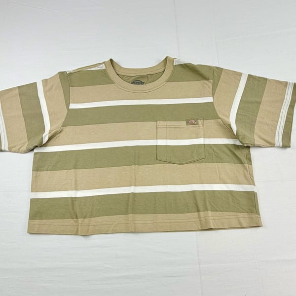 Dickies Women’s Cropped Striped Pocket T-Shirt Olive Tan White Tee Large