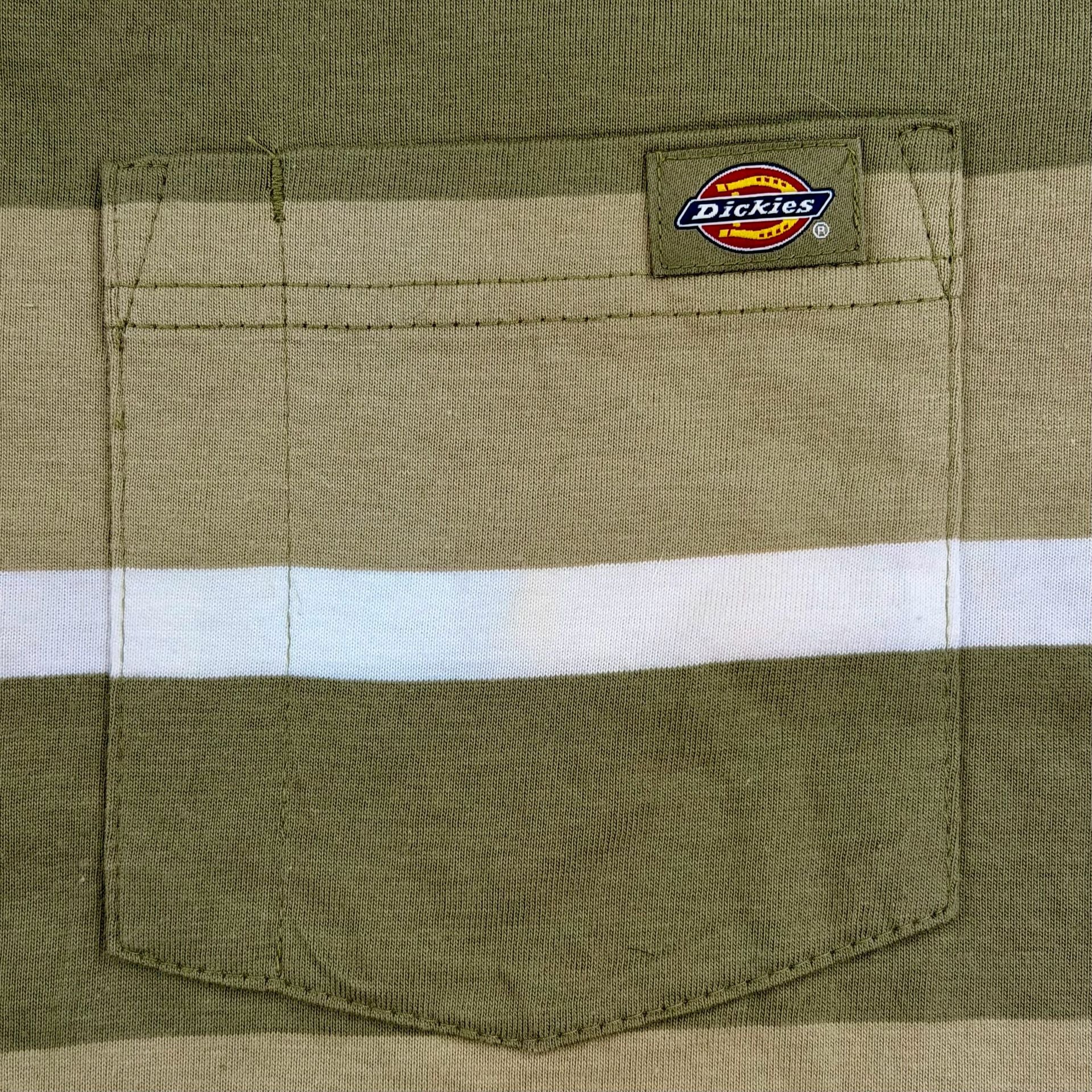Dickies Women’s Cropped Striped Pocket T-Shirt Olive Tan White Tee Large 7