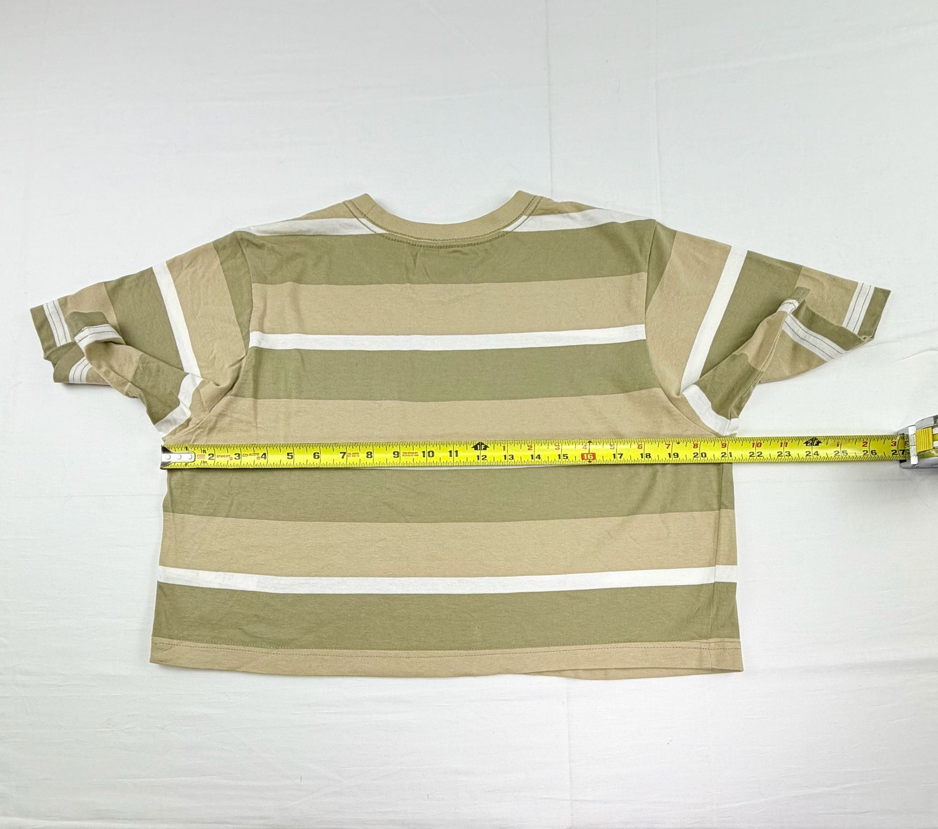 Dickies Women’s Cropped Striped Pocket T-Shirt Olive Tan White Tee Large 8