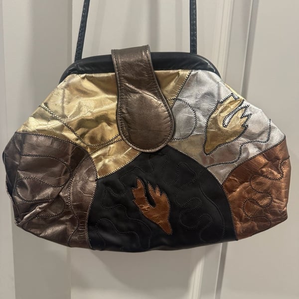Vintage Metallic Leather Patchwork Crossbody Clutch Bag