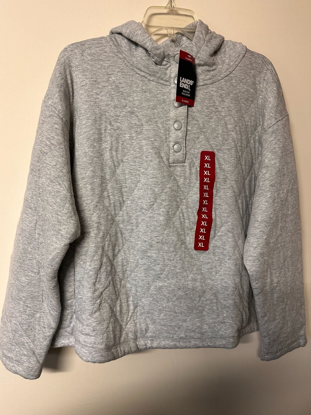 Lands' End Quilted Pullover Hoodie Size XL Gray Snap Sweatshirt NWT 2