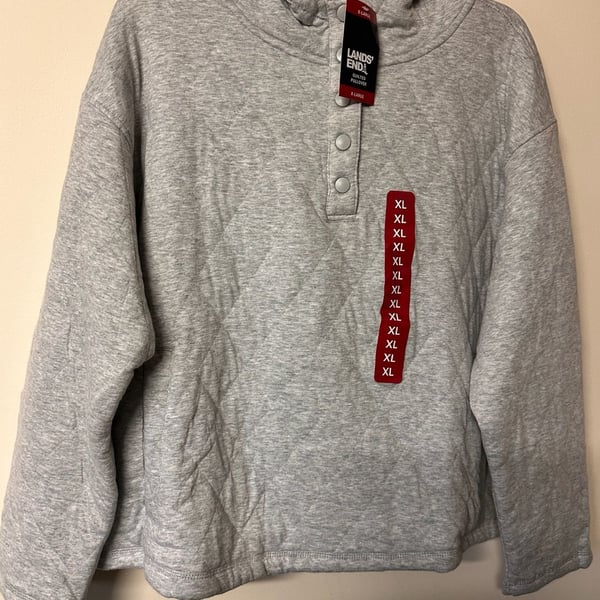 Lands' End Quilted Pullover Hoodie Size XL Gray Snap Sweatshirt NWT