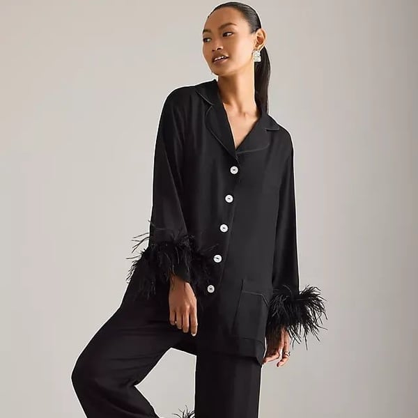 Sleeper Party Pajama Top With Feathers Black Size XS