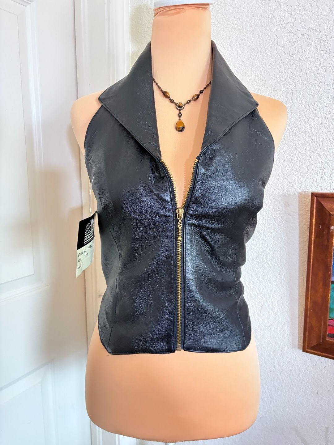 Dream Apparel Halter Top Size XS Black Leather Zip Front Collar Vest 2