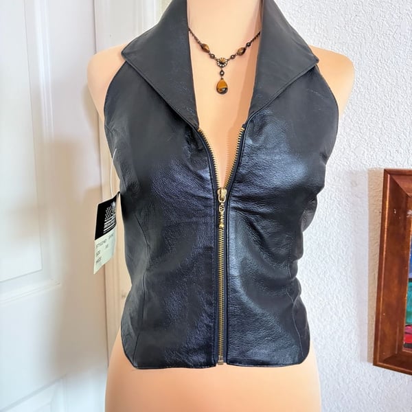Dream Apparel Halter Top Size XS Black Leather Zip Front Collar Vest