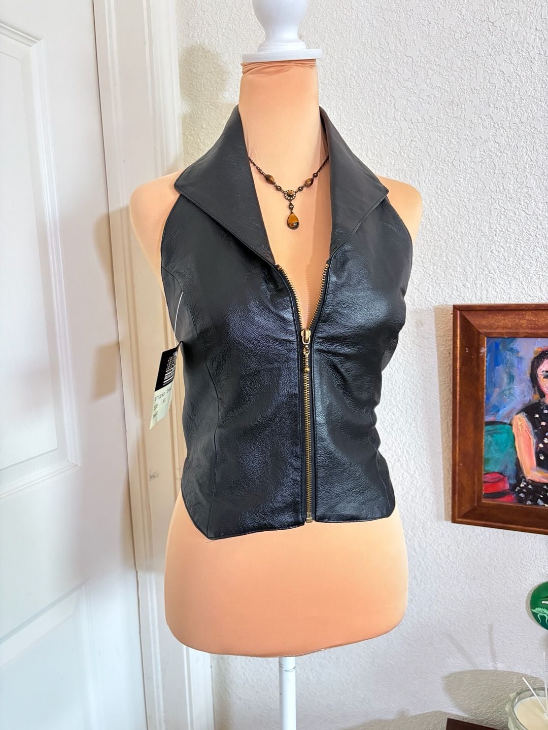 Dream Apparel Halter Top Size XS Black Leather Zip Front Collar Vest 3