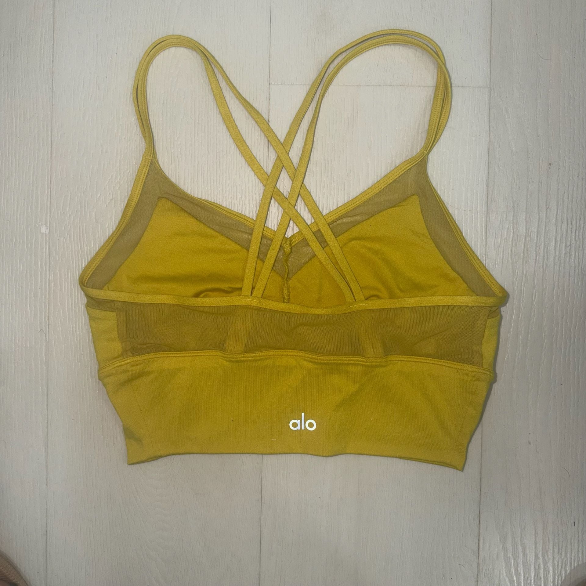 Alo Yoga Sports Bra Size M Yellow Mesh Criss Cross Strappy Longline 3